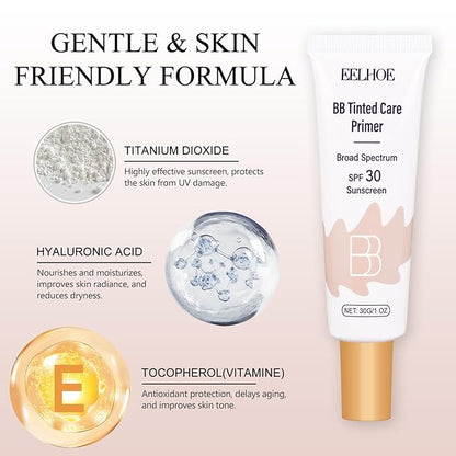 BB Cream Tinted Moisturizer with SPF 30–Lightweight BB Blur Tineted Care Primer,Hydrating Tinted Sunscreen for Face,Full-Coverage Skin Tint Makeup for All Skin Types with 2PCS Sponge (01 Ivory)