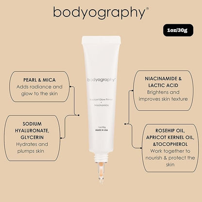 Bodyography Radiant Glow Primer + Niacinamide | Hydrating Makeup Primer with Light-Reflecting Pearls & Hyaluronic Acid | Silicone-Free Face Primer for a Long-Lasting Base