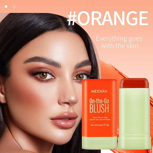 Multi-Use Blush Stick,Cream Contour Stick, for Sculpt the Cheeks, Waterproof Natural Nude Makeup,Tinted Solid Moisturizer Stick for Eyes Lips Cheek (Orange, 0.6.oz)