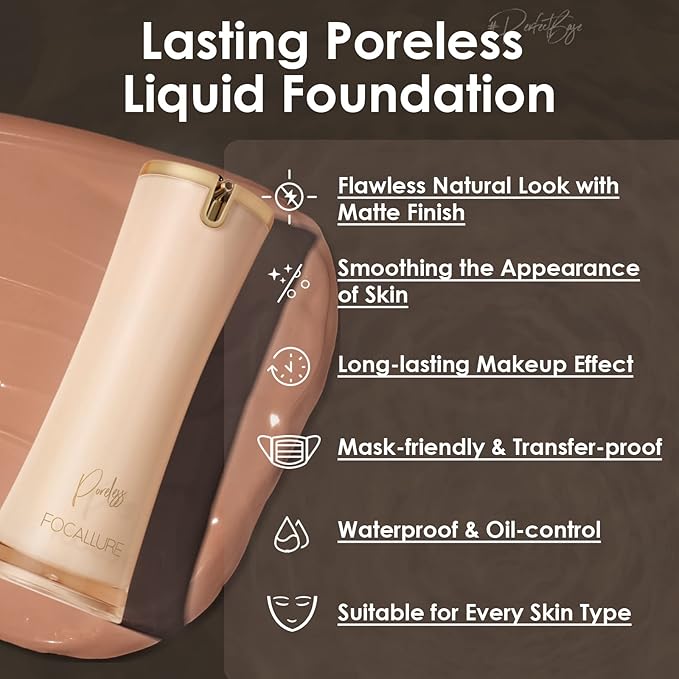 FOCALLURE PerfectBase Lasting Poreless Liquid Foundation, Medium to Full Coversage with Matte Finish, Covers Blemishes & Under-Eye Circles for All Skin Types, WP21 CASHEW
