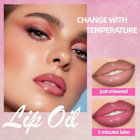 Color Changing Lip Oil with Brown Lip Liner,Big Brush Head Hydrating Non-Sticky Moisturizing Lightweight Magic Pink Glitter Tinted Lip Gloss for Women Plumping Lip Glow Oil for Dry Lips Makeup