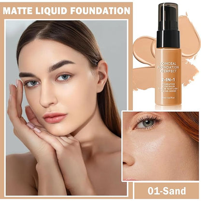 Concealer Full Coverage Foundation for Mature Skin,Oil Control Matte 2 in 1 Concealer liquid Foundation Makeup Waterproof Base De Maquillaje Alta Cobertura-01 Sand