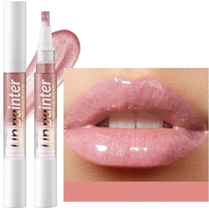 2 in 1 Nude Pink Shimmer lip gloss Lip Plumper Gloss Tinted Glitter Lipgloss Lipstick Moisturizing High Shine And Vegan Plumping Lip Gloss For Women Girls Long-Lasting Dry Lip Care (08#)