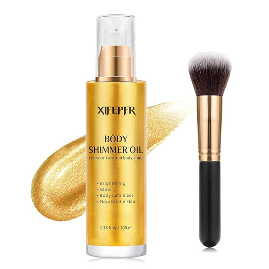 Body Shimmer Oil, Gold Face Brighten Body Luminizer Highlighter Liquid Illuminator with Makeup Brush, Long Lasting Moisturizing Non-Sticky Glitter Oil for Makeup (3.38 Fl Oz/#02)