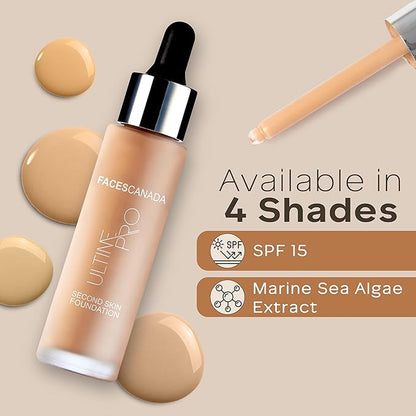Faces Canada Second Skin Serum Foundation, Spf 15, Ultra Light Weight, Marine Algae Extract Enriched, Natural Matte Finish, Hd Flawless Radiance, Beige, 4.94 Oz