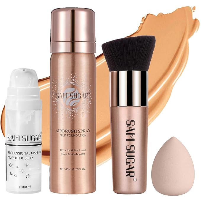 AirBrush Foundation Spray Set, Spray Foundation Makeup and Hydrating Face Primer Kit, Longwear Waterproof Liquid Matte Foundation Mist for Flawless Look, Brush and Sponge Include (#5 Warm Honey)