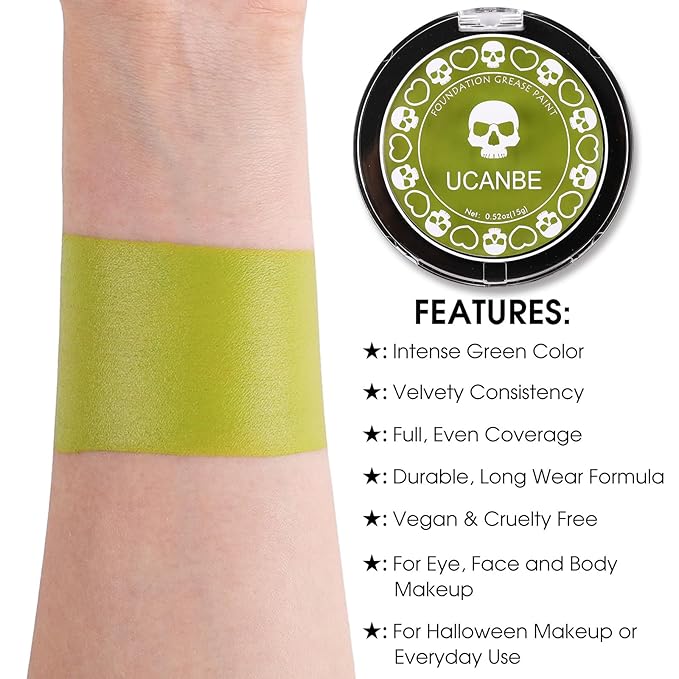 UCANBE Ogre Green Face Body Paint Makeup Foundation, Green Greasepaint for Christmas & St. Patrick's Day, Face Painting Kit for Halloween Monster Witch Goblin Shrek Hulk Gamora SFX Makeup & Costume