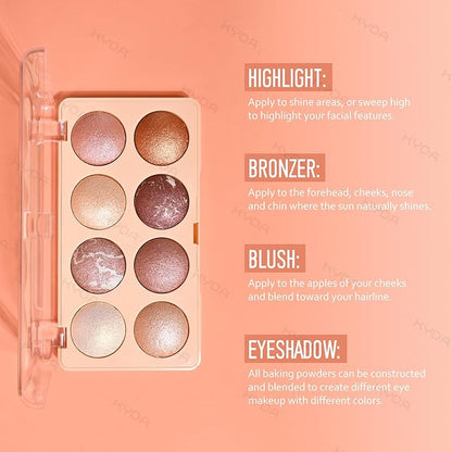 KYDA 8-Color Baked Palette, Multiuse Baked Eyeshadow, Highlighter, Contour, High Gloss Pigment, Lightweight Soft Powder, Buildable Blendable Natural Look, Rose Gold