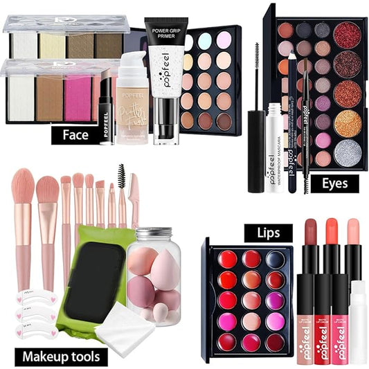 All in One Makeup Kit for Women Full Kit Girls Makeup Gift Sets Xmas Essential Bundle Include Eyeshadow Palette Lipstick Blush Concealer Eyeliner Mascara Foundation Brush Eyebrow Pencil