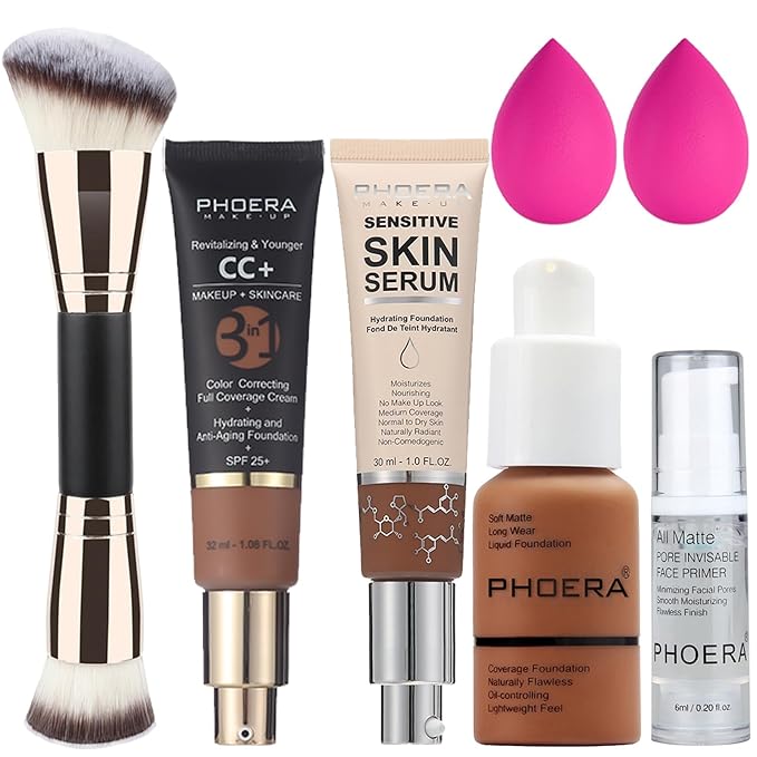 PHOERA Foundation Full Coverage,PHOERA CC+ Cream,2024 New PHOERA Foundation Makeup for Mature Skin, Wrinkles Matte Natural Finish,Primer (109+200CC+N06/ Mocha+ Mocha+Mocha)