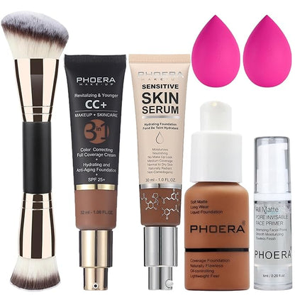 PHOERA Foundation Full Coverage,PHOERA CC+ Cream,2024 New PHOERA Foundation Makeup for Mature Skin, Wrinkles Matte Natural Finish,Primer (109+200CC+N06/ Mocha+ Mocha+Mocha)