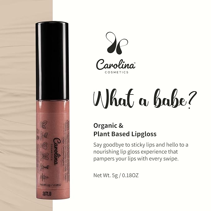 Plant-Based Non-Sticky Lip Gloss (What A Babe) - Hydrating & Nourishing with Sunflower Seed Oil, Cacao & Grape Seed Oil - Gluten-Free, Vegan, Non-GMO, Paraben-Free - 5g/0.18oz
