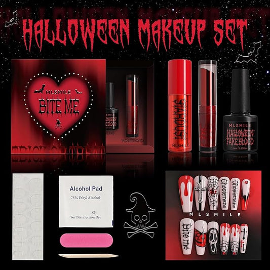 Halloween Makeup Kit,Halloween Press On Nail With Tools,SFX Make up Set Fake Blood Cream,Powder Lipstick,two-tone eyeshadow,2024 New Halloween Party Supplies