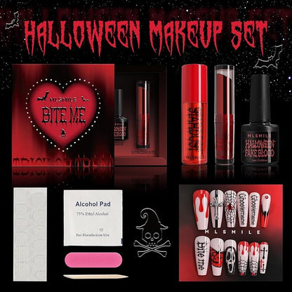 Halloween Makeup Kit,Halloween Press On Nail With Tools,SFX Make up Set Fake Blood Cream,Powder Lipstick,two-tone eyeshadow,2024 New Halloween Party Supplies