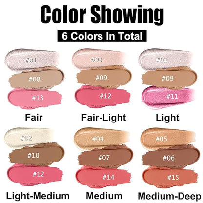 Hilareco PHOERA Foundation Makeup Set, Full Coverage Foundation Kit with Contour Stick, Blush, Bronzer & Highlighter, 3 Pcs Cream Contour Stick Makeup Kit