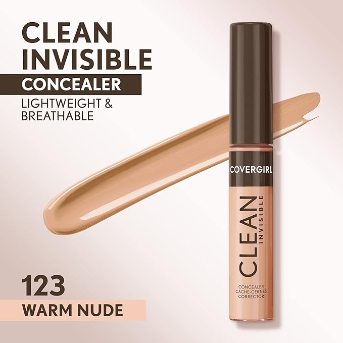 Covergirl Clean Invisible Concealer, Lightweight, Hydrating, Vegan Formula, Warm Nude 123, 0.23oz (Pack of 2)