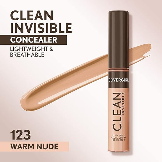 Covergirl Clean Invisible Concealer, Lightweight, Hydrating, Vegan Formula, Warm Nude 123, 0.23oz (Pack of 2)