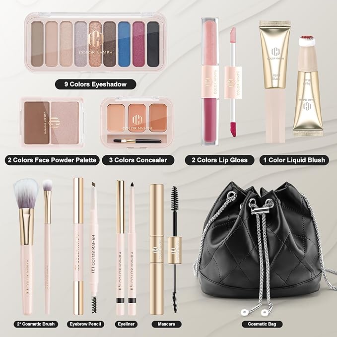 Color Nymph Beginners Makeup Kit For Girls Makeup Set for Teen Full Face Makeup Kit For Women with Cosmetic Bag included 9 Color Eyeshadow Palette Concealer Liquid Blush Eyeliner Lipgloss