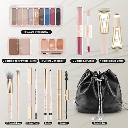 Color Nymph Beginners Makeup Kit For Girls Makeup Set for Teen Full Face Makeup Kit For Women with Cosmetic Bag included 9 Color Eyeshadow Palette Concealer Liquid Blush Eyeliner Lipgloss