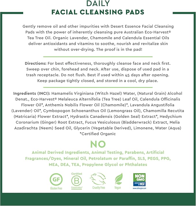 Desert Essence Natural Tea Tree Oil Facial Cleansing Pads - 50 Count - Pack of 3 - Face Cleanser - Soothes & Calms Skin - Makeup Remover Pads - Removes Oil & Dirt - Great for Travel - Essential Oils