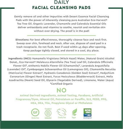 Desert Essence Natural Tea Tree Oil Facial Cleansing Pads - 50 Count - Pack of 3 - Face Cleanser - Soothes & Calms Skin - Makeup Remover Pads - Removes Oil & Dirt - Great for Travel - Essential Oils