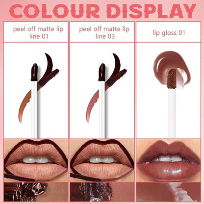 2 Colors Peel Off Lip Liner Stain with Nude Nourishing Lip Gloss Combo for Women, Waterproof Long Wear Tattoo Lip Stain Peel Off, Non Sticky Lip Tint Nude Brown Lip liner Set Lipstick Makeup