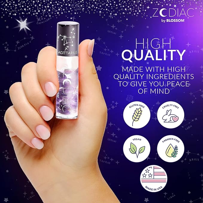 Blossom Lip Gloss Zodiac Sign Vanilla Scented Roll-On Lip Gloss, Moisturizing + Hydrating with Zodiac Crystals, Made in USA, 0.20oz, Sagittarius
