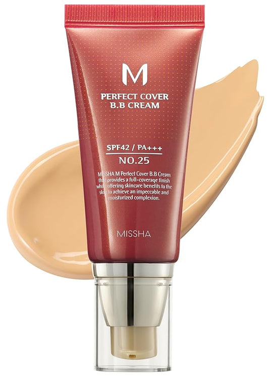 MISSHA M Perfect Cover BB Cream No.25 Warm Beige - Medium with Warm Undertone SPF 42 PA +++ / 1.69 Fl Oz - Tinted Moisturizer with SPF