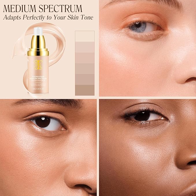 Colour Changing Foundation - 4 in 1 Light Spectrum with SPF 50+, Hydrating Liquid Foundation, Concealers Waterproof & Longwearing, Medium Spectrum for Gym, Sport, Dancing