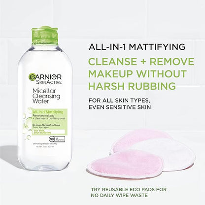 Garnier Micellar Water for Oily Skin, Facial Cleanser & Makeup Remover, Mattifying, For All Skin Types, Vegan, Cruelty Free, 13.5 Fl Oz (400mL), 1 Count