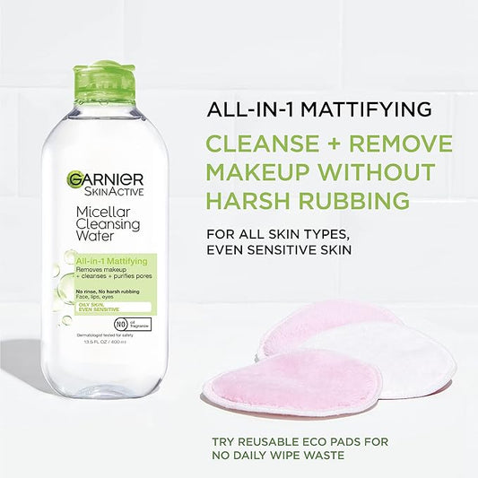 Garnier Micellar Water for Oily Skin, Facial Cleanser & Makeup Remover, Mattifying, For All Skin Types, Vegan, Cruelty Free, 13.5 Fl Oz (400mL), 1 Count