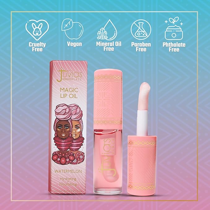 Juvia's Place Magic Lip Oil - Watermelon - Smooth, Hydrating with Vitamin E for Soft, Glossy, Juicy Lips - Infused with Fruit Extracts - Tinted, Shimmering, Lightweight & Non-sticky Lip Oil for Summer