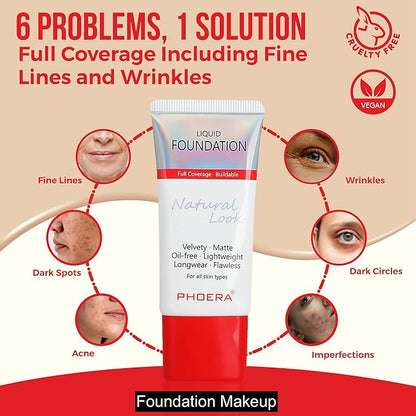 Phoera Foundation Full Coverage Makeup Set - 24hr Long Lasting Oil Control - Same Foundation Smarter Packaging (104 Buff Beige)