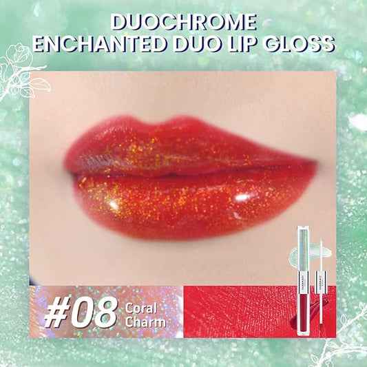 CHARMACY Multichrome Double Head Non-Stick Lip Gloss, Metallic Colourful Lip Glaze, Anti-transfer, Long Lasting Waterproof Liquid Lipstick Makeup (#08)