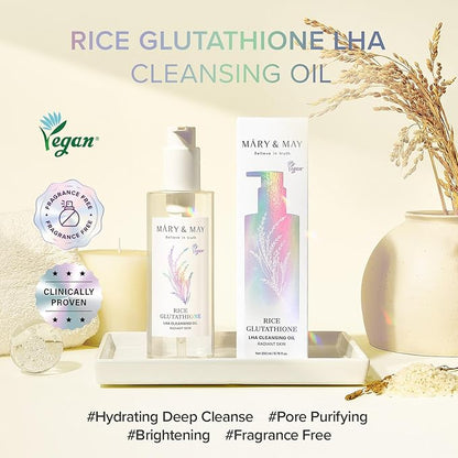Mary&May Rice Glutathione LHA Cleansing Oil - Deep Pore Cleansing, Blackhead & Whitehead Removal - Korean Makeup Remover with Rice Bran Oil, Gentle Exfoliation, Clean Beauty, 6.76 fl.oz.