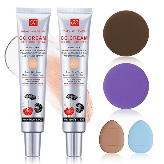 2 PCS Color Correcting CC Cream with Powder Puff 【SPF 25】, Light & Hydrating CC Cream Foundation with Centella Asiatica, Multi-Purpose for Even Skin Tone, Refine Skin Texture, SPF Protection (Light*2)