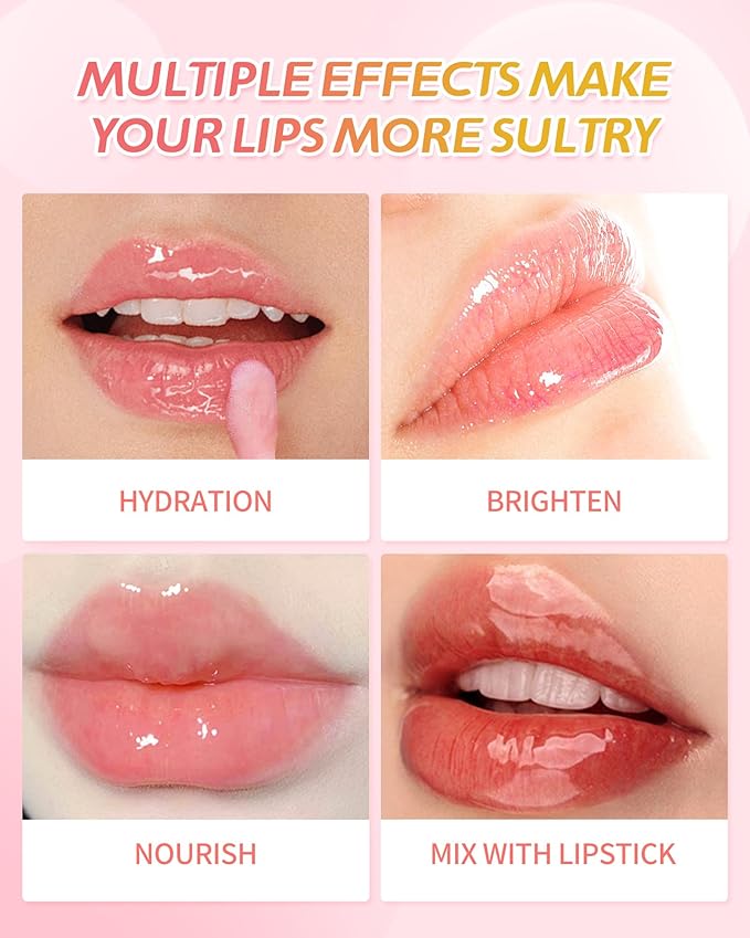 3Pcs Hydrating Lip Oil Set，Non-sticky Lip Oils Gloss Lip Balm Lip Care，Deeply Nourishing and Repairing Prevents Lips Chapped and Lighten Lip Lines(Honey，Peach，Strawberry)