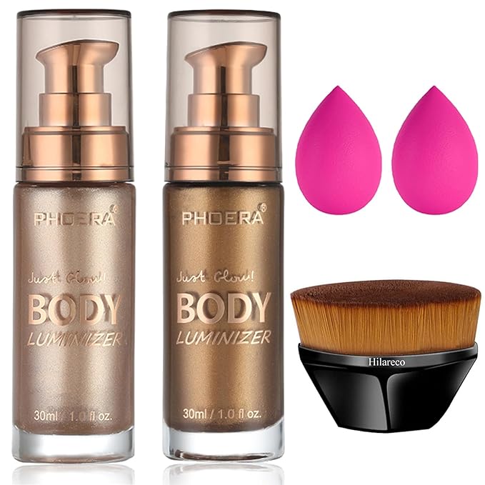 PHOERA Body Shimmer Oil,Waterproof Long Lasting Moisturizing Body Luminizer Glow, Illuminator Highlighter for Face with Makup Bursh, 1oz/Jars(101+103/ Rose Gold+Glistening Bronze)