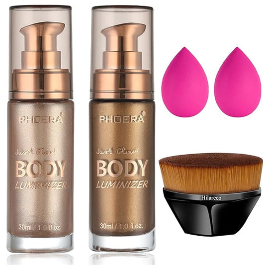 PHOERA Body Shimmer Oil,Waterproof Long Lasting Moisturizing Body Luminizer Glow, Illuminator Highlighter for Face with Makup Bursh, 1oz/Jars(101+103/ Rose Gold+Glistening Bronze)