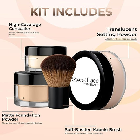 4pc Full Size Kit (Fair 1) Mineral Makeup Matte Translucent Loose Foundation + Kabuki Brush + Concealer + Finishing Setting Powder + Bare Face Full Coverage SPF 30 All Skin Types Waterproof