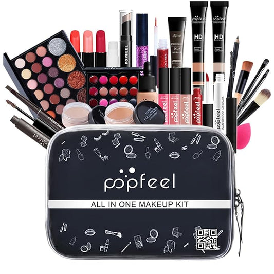 Pure Vie All-in-One Holiday Gift Surprise Makeup Set Essential Starter Bundle Include Eyeshadow Palette Lipstick Concealer Blush Mascara Eyeliner Face Powder Lipgloss Brush - Full Makeup Kit for Women
