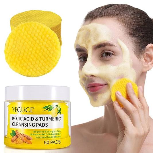 Turmeric Cleansing Pads, 50PCS Kojic Acid and Turmeric Cleansing Pads, Face Pads with Vitamin B5、Vitamin C 、Turmeric ，Remove Excess Keratin Balance Skin Oil And Water for Women