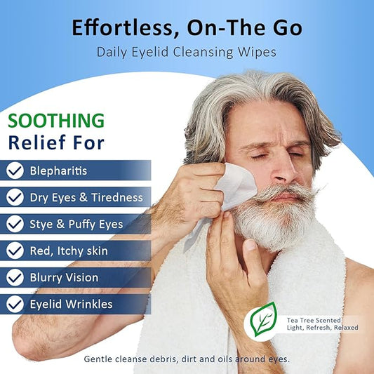 30PCS Eyelid & Lash Wipes for Itchy & Dry Eyes, Tea Tree Oil Eyelid Wipes for Styes & Blepharitis, Daily Eye Cleansing Wipes, Hypoallergenic & Soothing For Sensitive Eyes, Stay Hydrated Lid Wipes