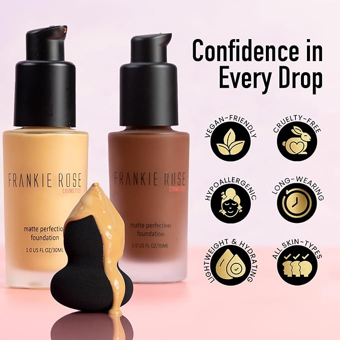 Frankie Rose Cosmetics Matte Perfection Foundation Makeup – Long-Lasting, Hydrating Foundation for Semi-Matte Finish - Foundation Full Coverage for All Skin Types - (Bare) 1.0 US fl oz / 30 ml