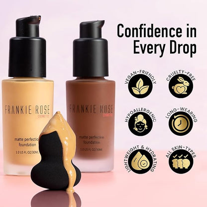 Frankie Rose Cosmetics Matte Perfection Foundation Makeup – Long-Lasting, Hydrating Foundation for Semi-Matte Finish - Foundation Full Coverage for All Skin Types - (Cocoa Butter) 1.0 US fl oz / 30 ml
