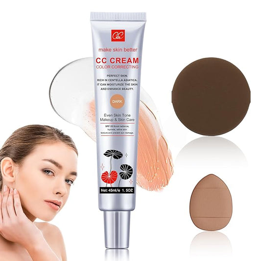 Color Correcting CC Cream with Powder Puff 【SPF 25】, Light & Hydrating CC Cream Foundation with Centella Asiatica, Multi-Purpose for Even Skin Tone, Refine Skin Texture, SPF Protection (Dark)