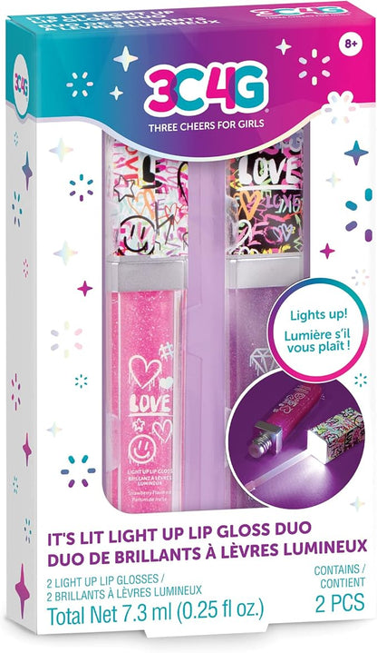 3C4G It's Lit! Light Up Lip Gloss Duo - Glitter Lip Gloss for Kids with Up Lid & Wand - 2 Pack Kids Lip Gloss Set - Strawberry Flavored Lip Gloss for Girls 8-10-12-14 by Make It Real