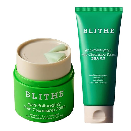 BLITHE Pore Care Duo – Cleansing Balm & AHA BHA Cleanser | Deep Pore Cleansing, Makeup Remover, Gentle Exfoliation & Hydration | Korean Skincare for Clear, Smooth Skin