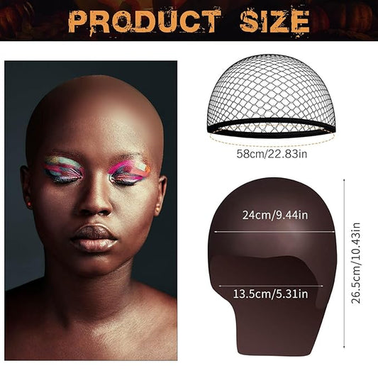 Dark Brown Bald Cap SFX Makeup Kit,Black Wig Cap with Professional Skin Water-Based Acrylic Adhesive(Bonding Glue) for Deep Skin Tones Men,Ideal for Halloween Costumes, Cosplay