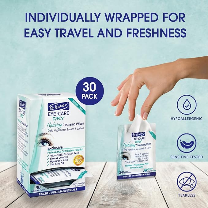Dr. Fischer Tea Tree Eyelid Wipes for Dry Eyes - Gentle Eye Wipes for Everyday Eye Conditions and Hypoallergenic Makeup Remover (60 Wipes)